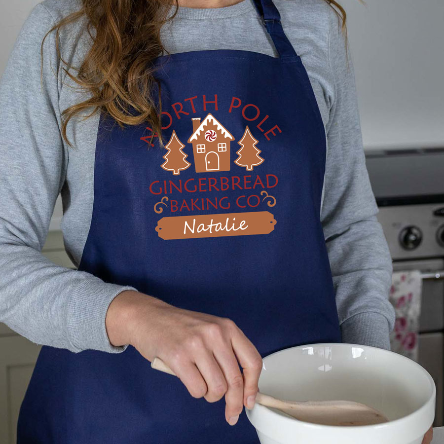 Gingerbread Baking Co apron in navy personalised with a name of your choice a perfect gift for Christmas baking