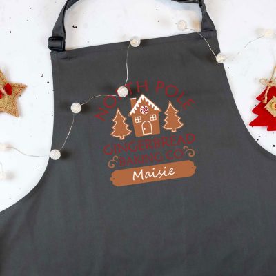 Gingerbread Baking Co apron in grey personalised with a name of your choice a perfect gift for Christmas baking