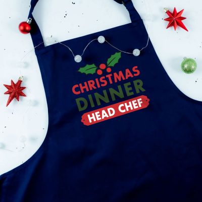 Personalised Christmas dinner apron in navy perfect for family Christmas dinner preparation