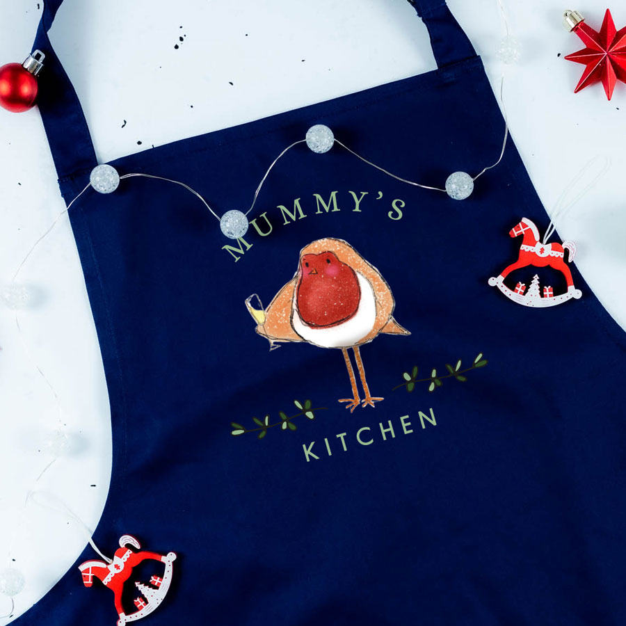 Festive robin apron in navy personalised with a name perfect for baking at Christmas