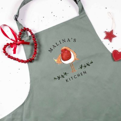Festive robin apron (Sage) personalised with a name perfect for baking at Christmas