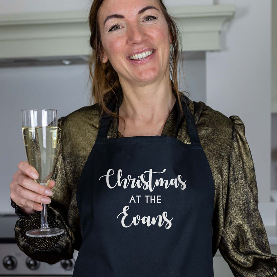 Personalised Christmas family apron in grey with personalised text perfect baking and cooking at Christmas