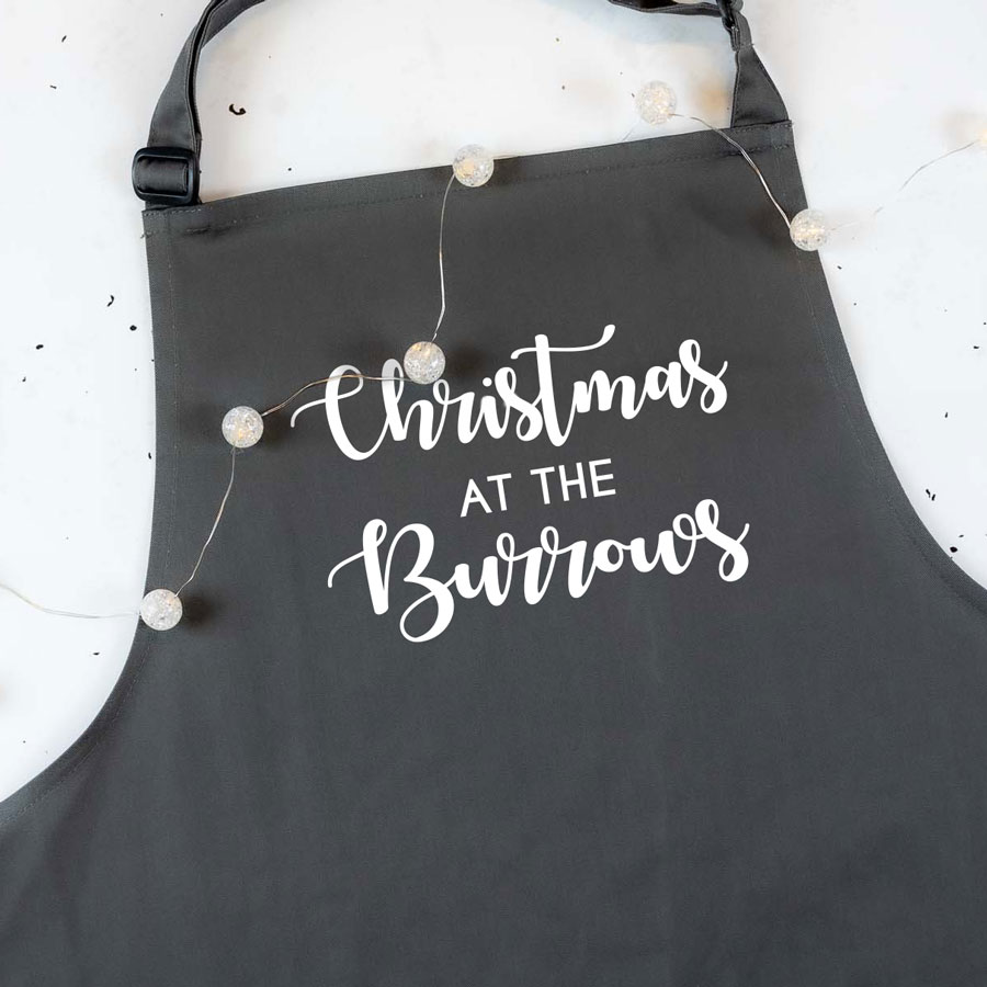 Personalised Christmas family apron in grey with personalised text perfect baking and cooking at Christmas