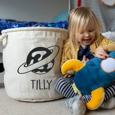 Personalised planet storage trug in grey colour small size with matching planet wall stickers