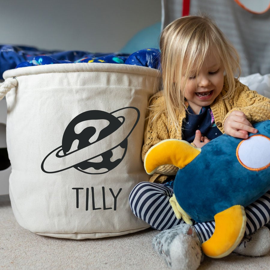 Personalised planet storage trug in grey colour small size with matching planet wall stickers