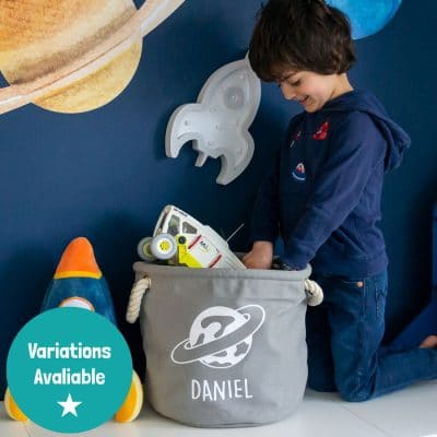 Personalised planet storage trug in grey colour small size with matching planet wall stickers