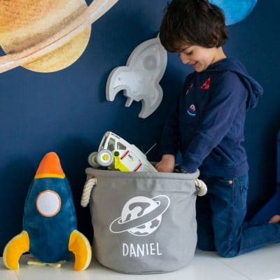 Personalised planet storage trug in grey colour small size with matching planet wall stickers