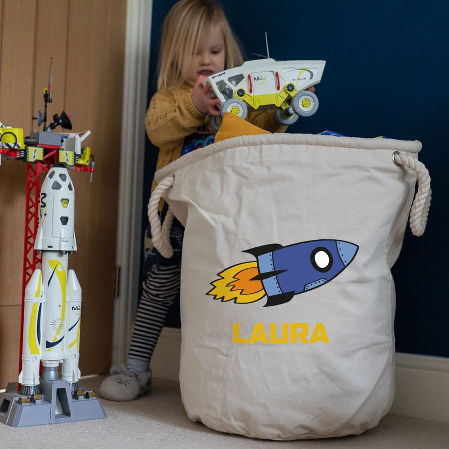 Personalised rocket storage trug in grey colour small size with matching planet wall stickers