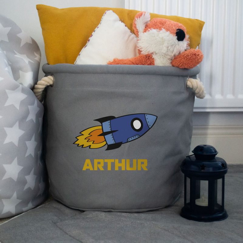 Personalised rocket storage trug in grey colour small size with matching planet wall stickers