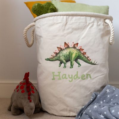 Personalised stegosaurus storage trug in grey colour small size