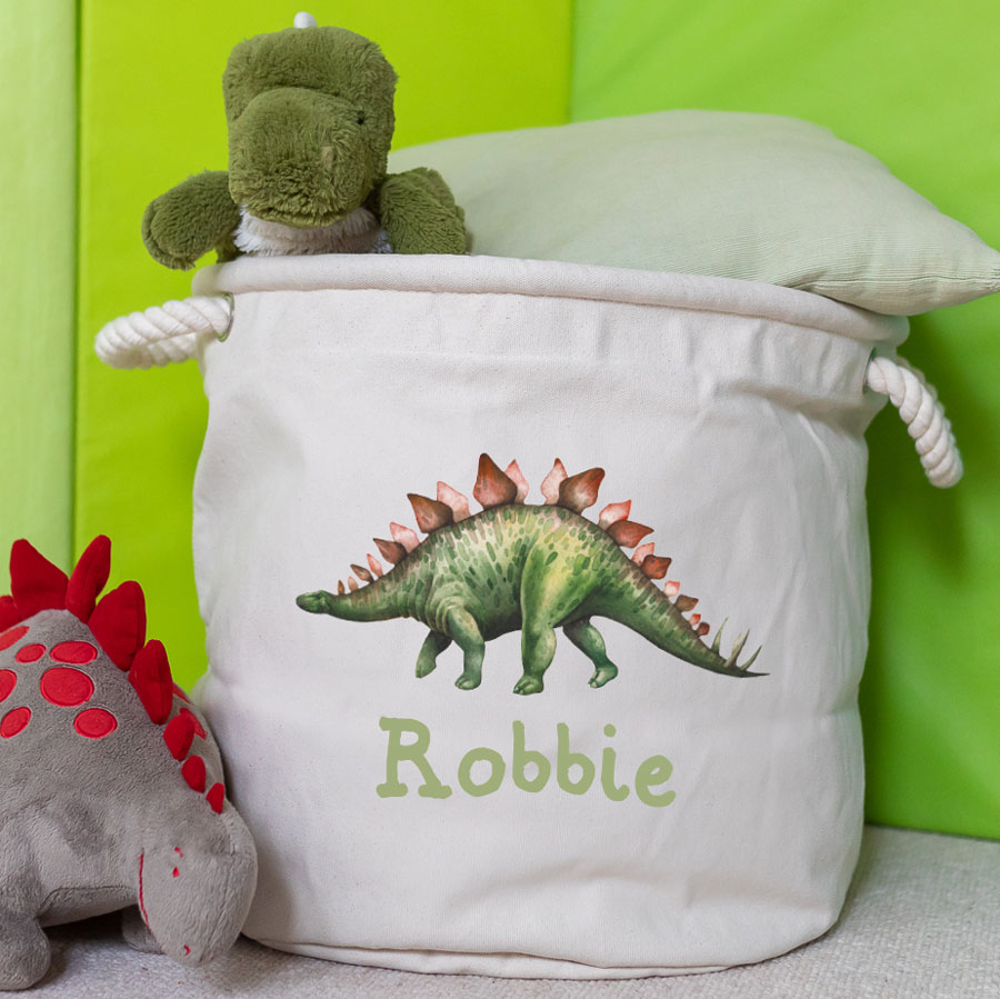 Personalised stegosaurus storage trug in grey colour small size