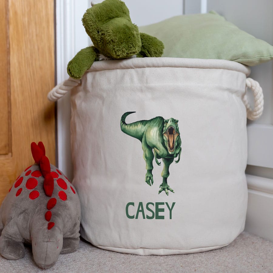 Personalised T-Rex storage trug in grey colour medium size