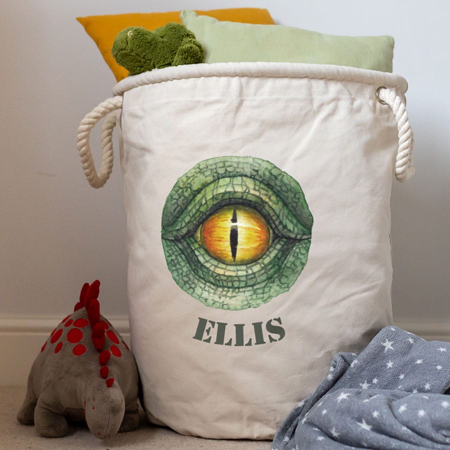 Personalised dinosaur eye storage trug in natural colour large size with sloth