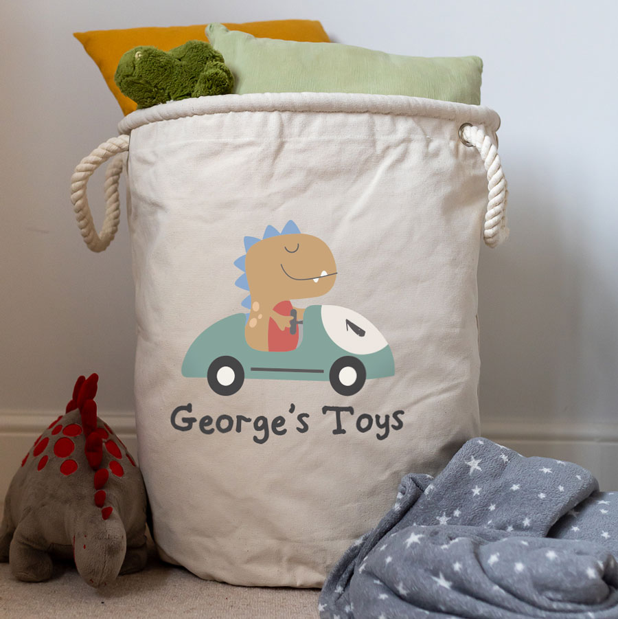 Personalised dinosaur car storage trug in grey colour large size