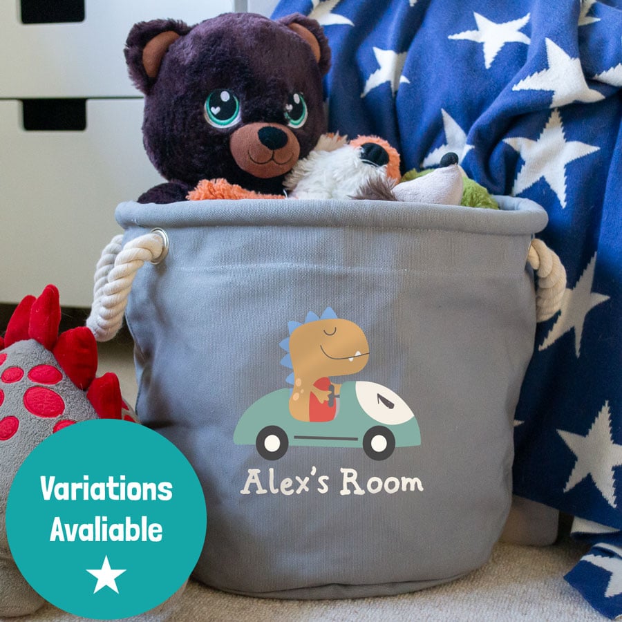 Personalised dinosaur car storage trug in grey colour small size