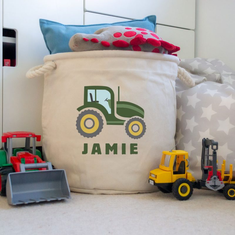 Personalised tractor (Green) storage trug in natural colour medium size with sloth