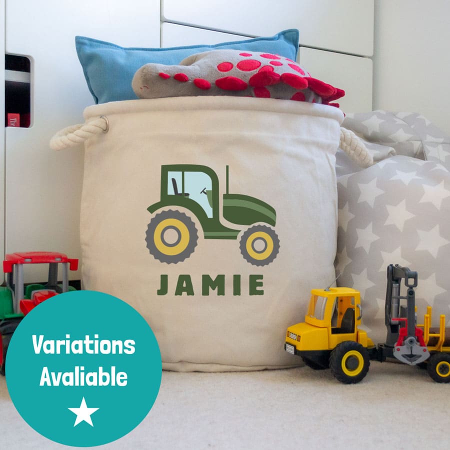 Personalised tractor (Green) storage trug in natural colour medium size with sloth