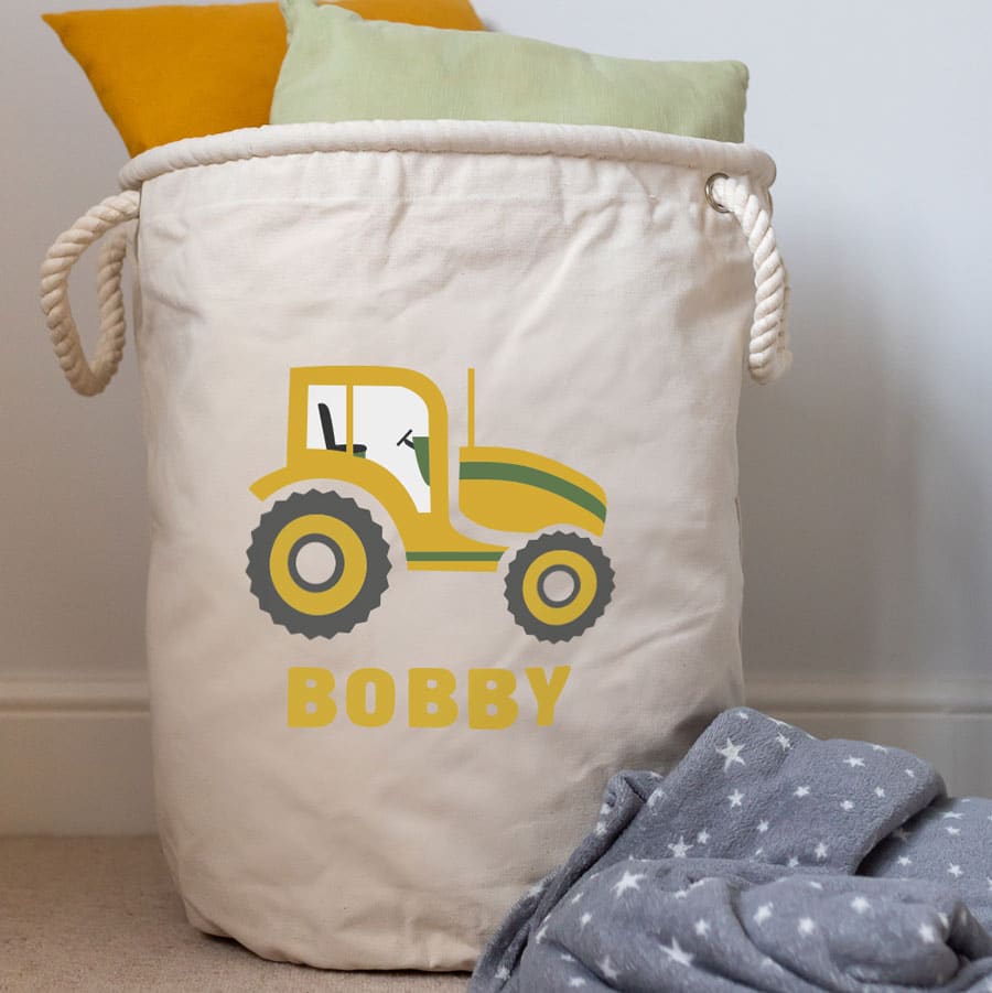 Personalised tractor (yellow) storage trug in grey colour large size