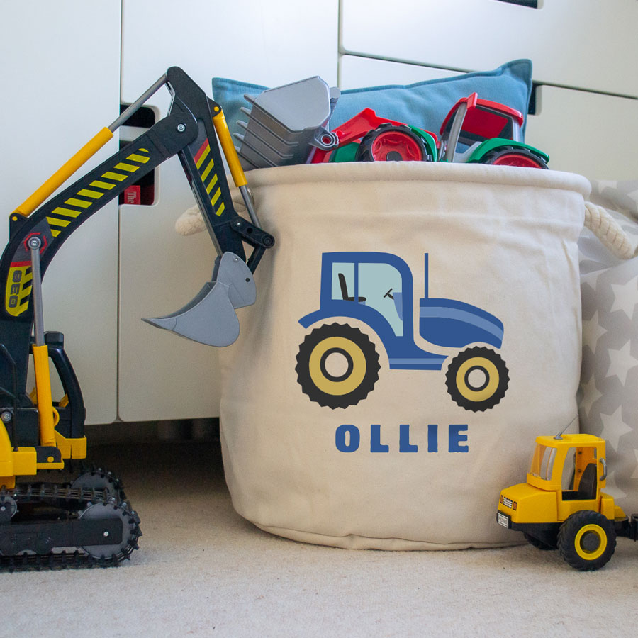 Personalised tractor (Blue) storage trug in natural colour medium size with sloth