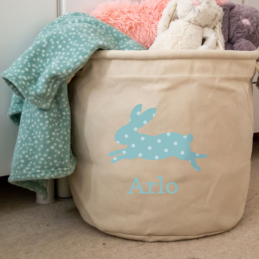 Personalised bunny (Blue) storage trug (Natural - Medium)