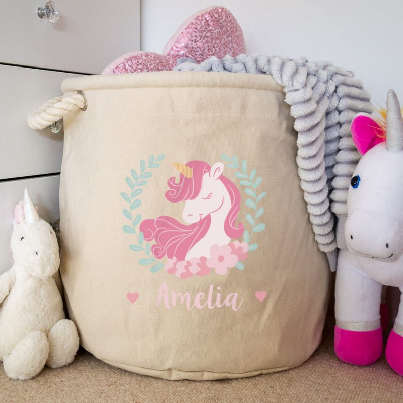 Personalised unicorn wreath storage trug (Natural - Medium)