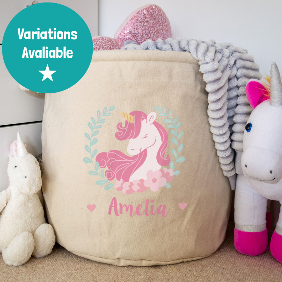 Personalised unicorn wreath storage trug (Natural - Medium)