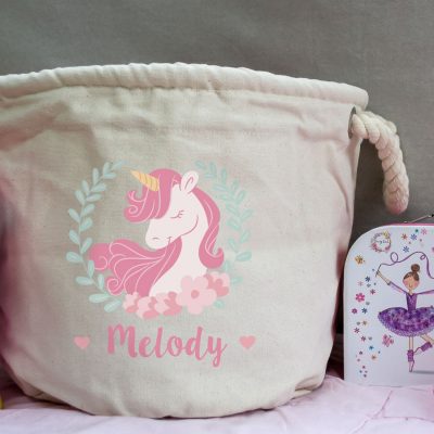 Personalised unicorn wreath storage trug (Natural - Small)