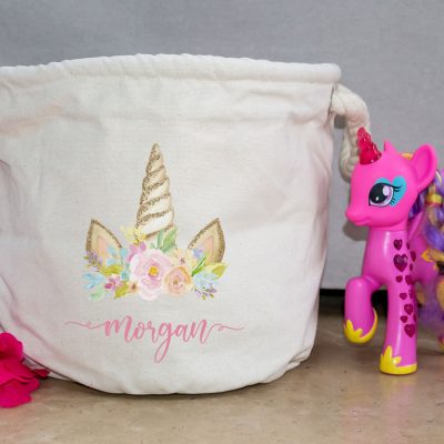 Personalised unicorn horn storage trug in natural colour small size