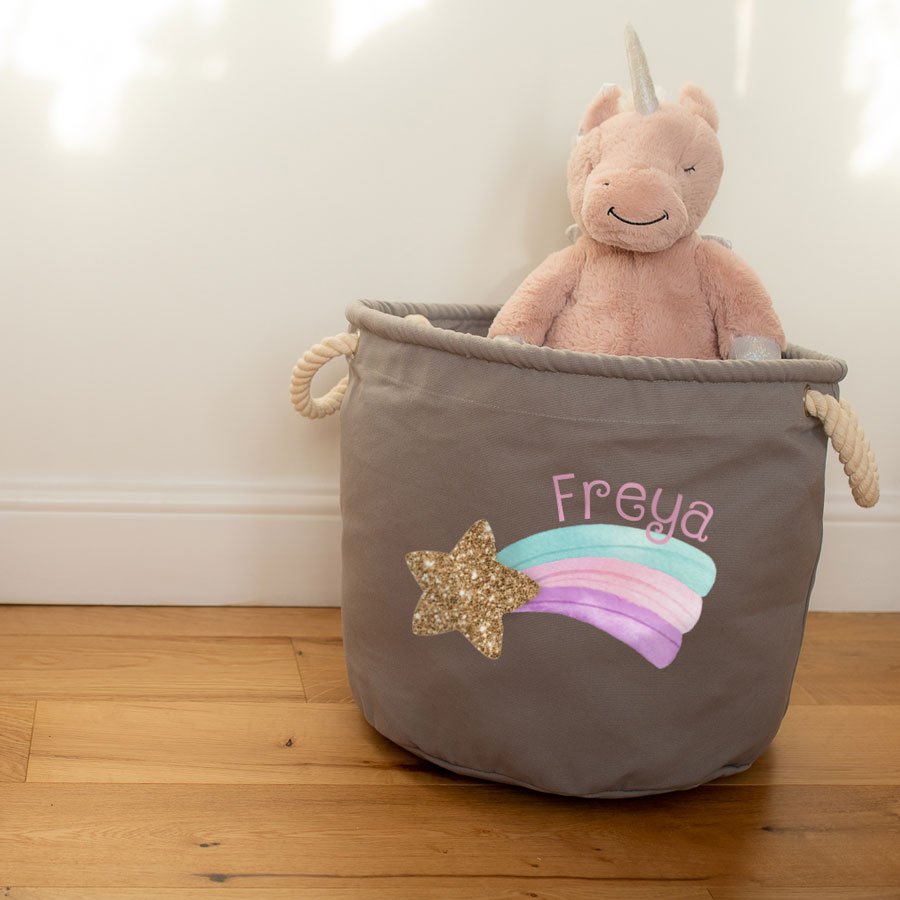 Personalised shooting star storage trug (Grey - Medium) with a pink unicorn cuddly toy