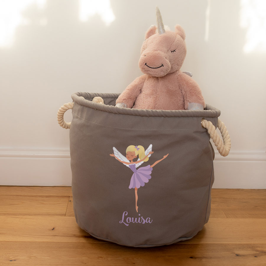 Personalised fairy storage trug (Option 3) (Grey - Medium) perfect for storing soft toys in childrens rooms