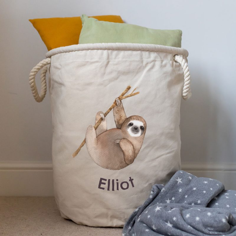 personalised sloth storage trug in natural colour large size perfect for storing toys in children's room