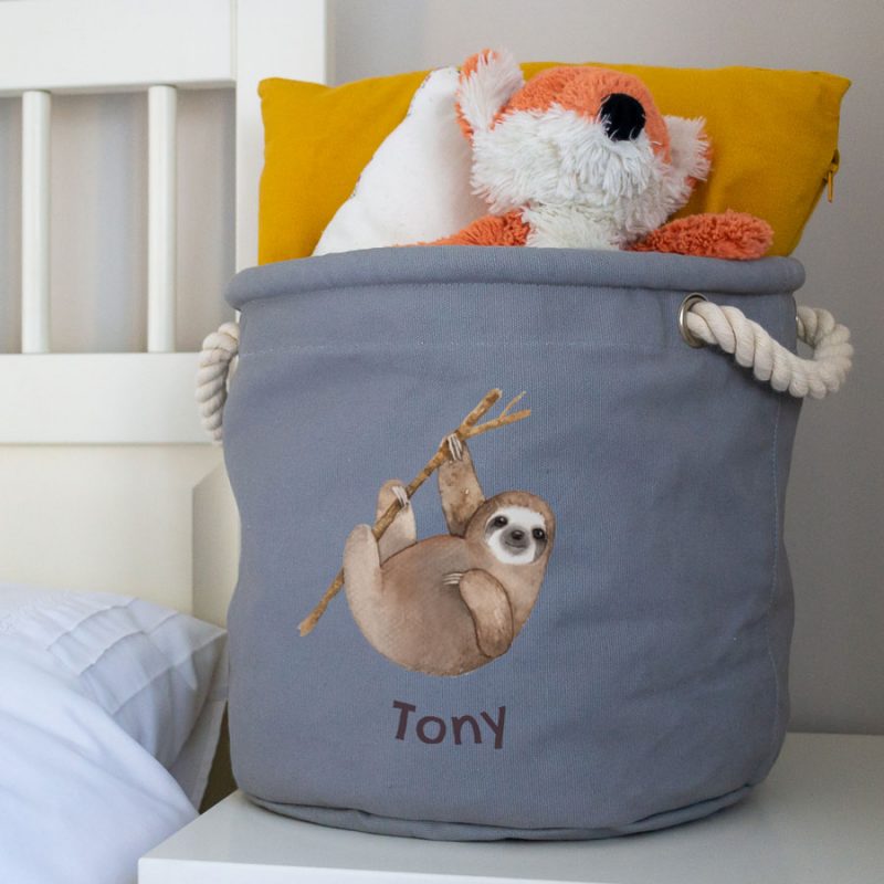 personalised sloth storage trug in grey colour small size perfect for storing toys in children's room