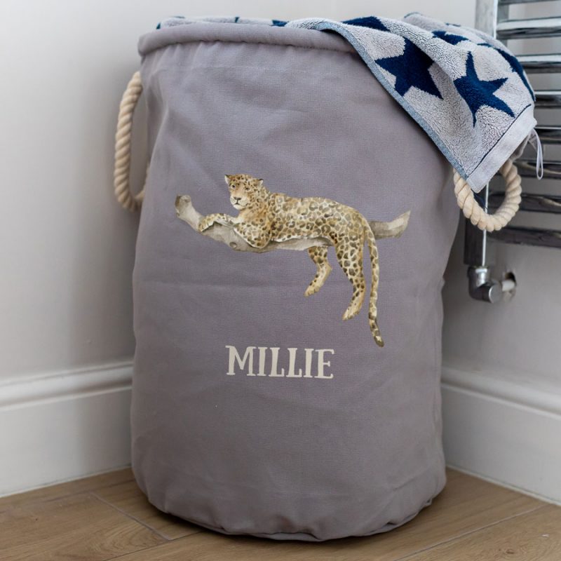 Personalised cheetah storage trug (Grey - Small) perfect for accessoring a child's safari themed bedroom