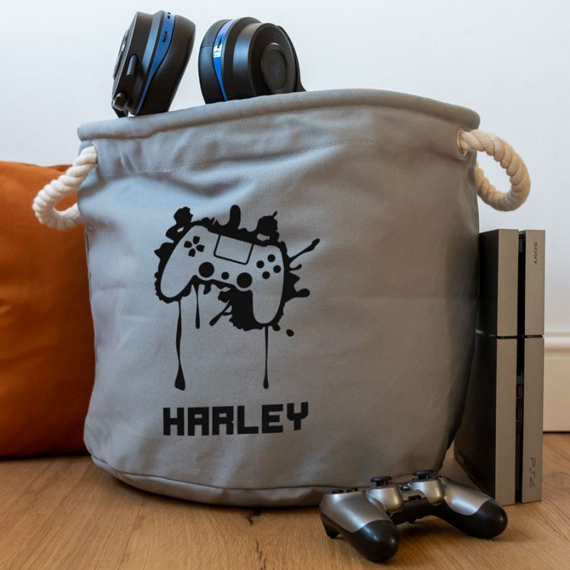 Personalised gaming controller storage trug in grey and small size perfect for storage gaming peripherals like headsets, controllers and cables