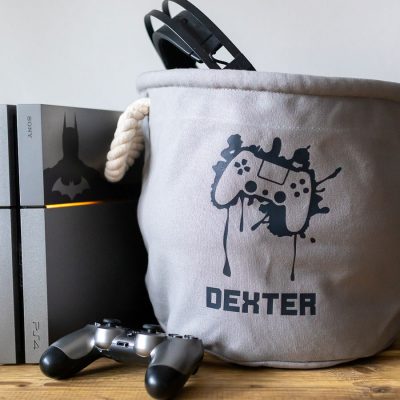Personalised gaming controller storage trug in grey and small size perfect for storage gaming peripherals like headsets, controllers and cables