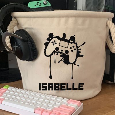 Personalised gaming controller storage trug in natural and small size perfect for storage gaming peripherals like headsets, controllers and cables