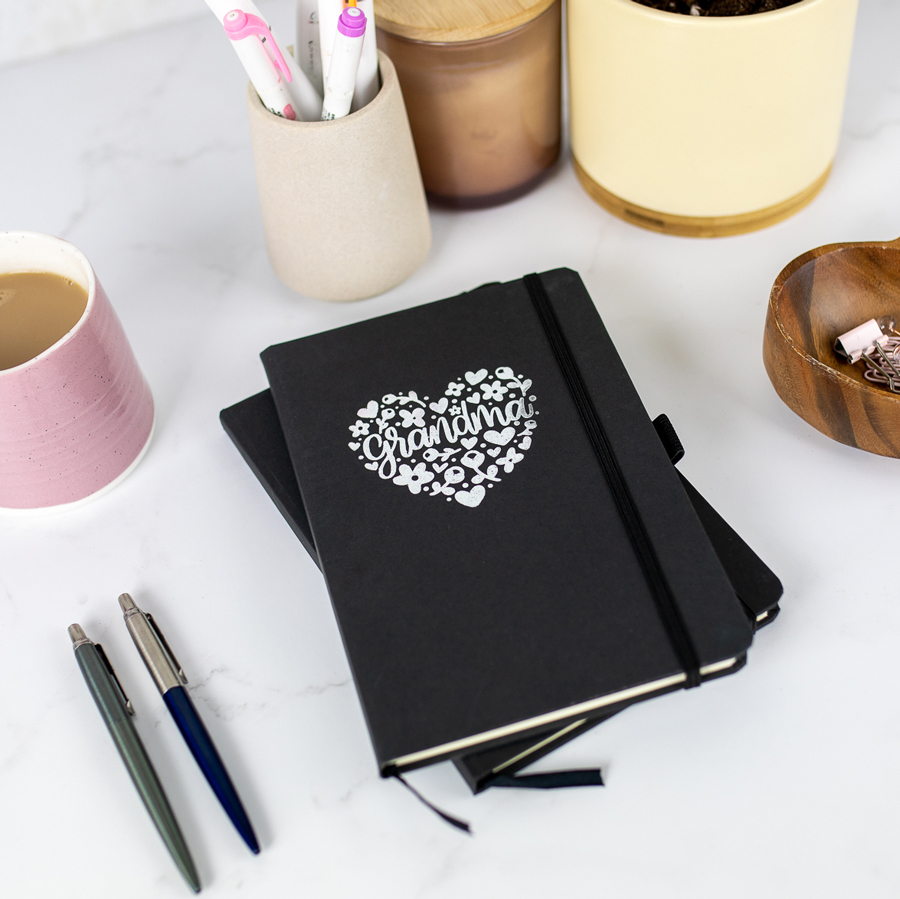 Grandma Heart Foil Notebook - Black notebook, silver foil