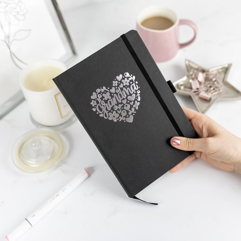 Grandma Heart Foil Notebook - Black notebook, silver foil