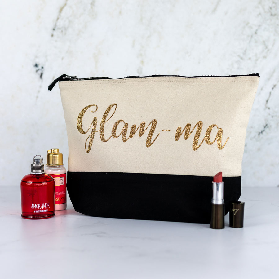 Glam-ma wash bag - black bag, gold glitter, large