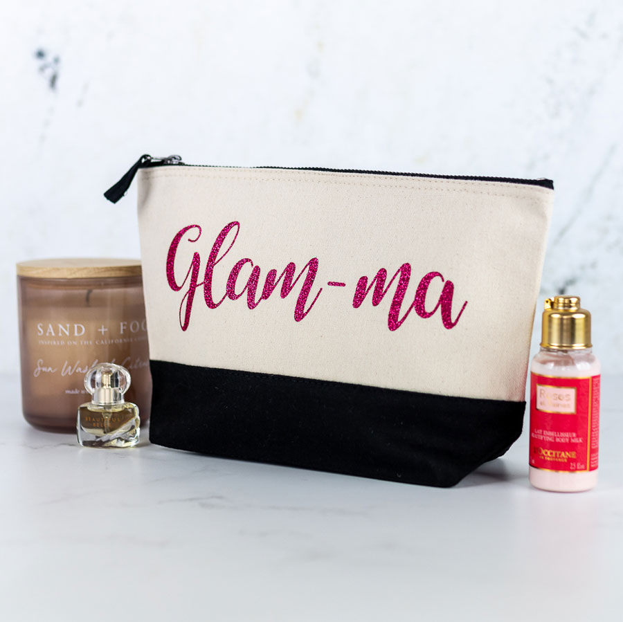Glam-ma wash bag - black bag, pink glitter, regular