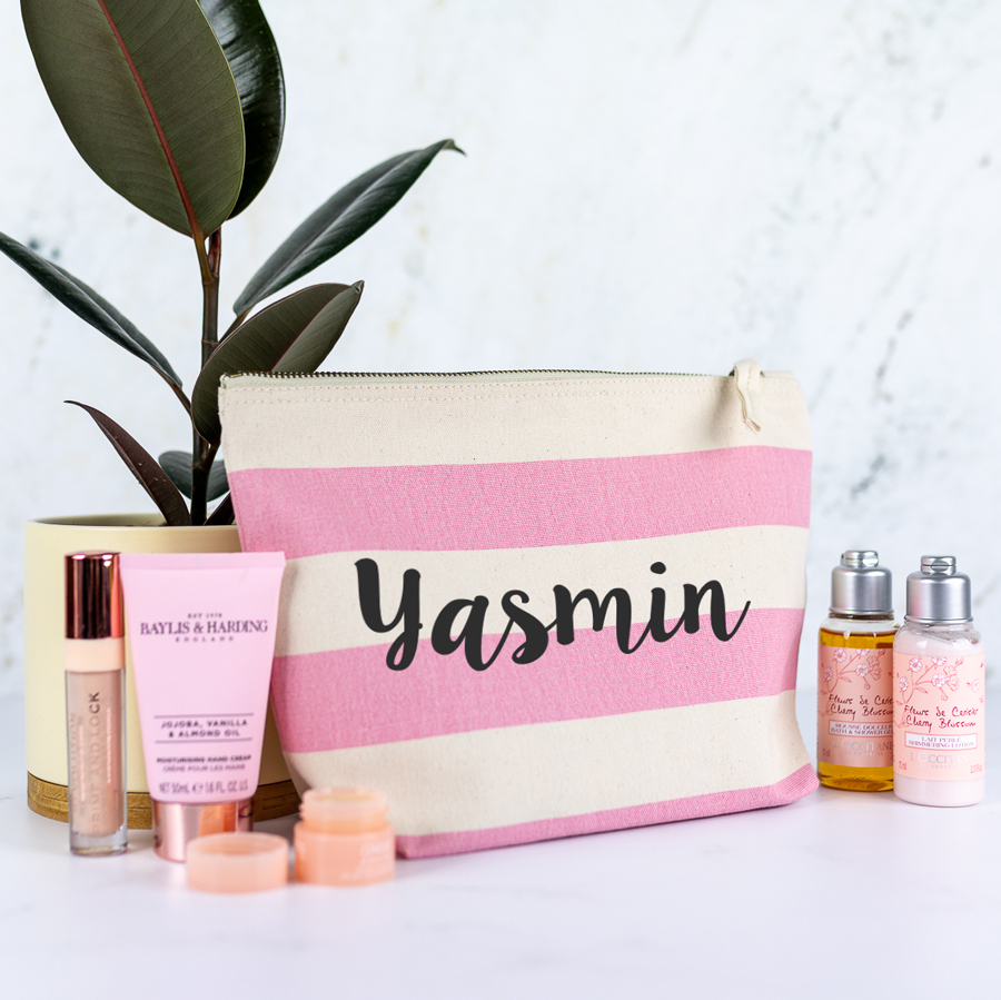 Personalised Name Wash Bags - Pink Stripe, Regular