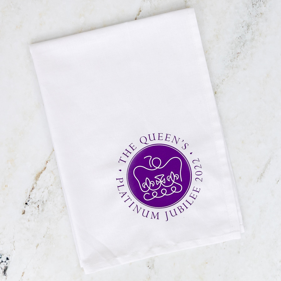 Official platinum jubilee logo tea towel shown flat