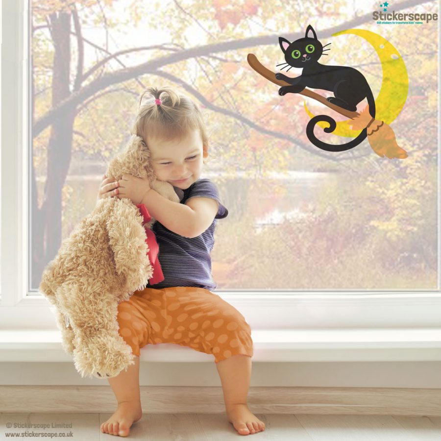 Cat on a broomstick window sticker (Lifestyle) | Halloween window stickers | Stickerscape | UK