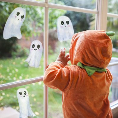 Cute white ghosts window sticker pack features 4 white cute ghost window stickers per sheet and is perfect for decorating a child's bedroom with a Halloween theme