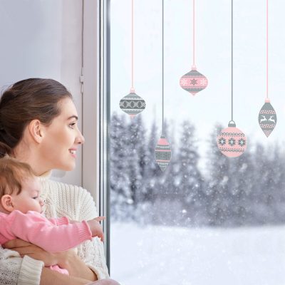 Grey and pink bauble window stickers perfect for decorating your house this Christmas