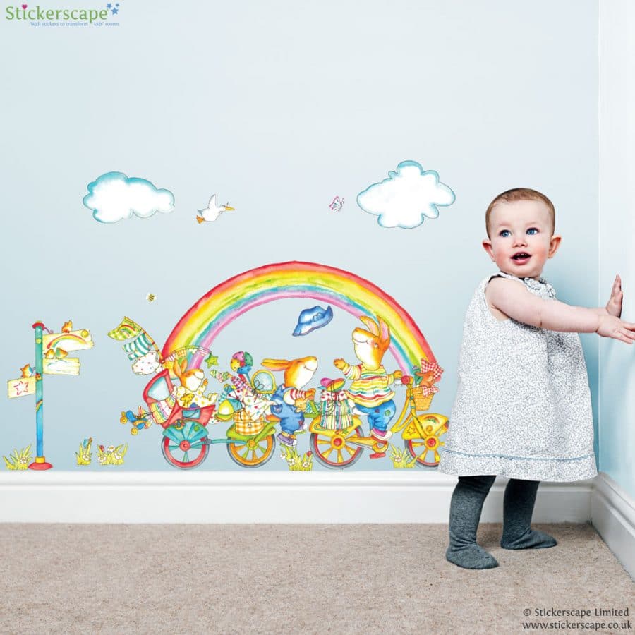 rainbow and bike wall sticker with hand drawn and watercolour style
