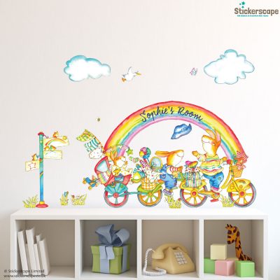 personalised rainbow bike wall sticker by emma vallis using handdrawn watercolour style