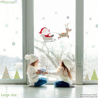 santa on his sleigh with reindeer and snowflakes window sticker perfect decoration for Christmas