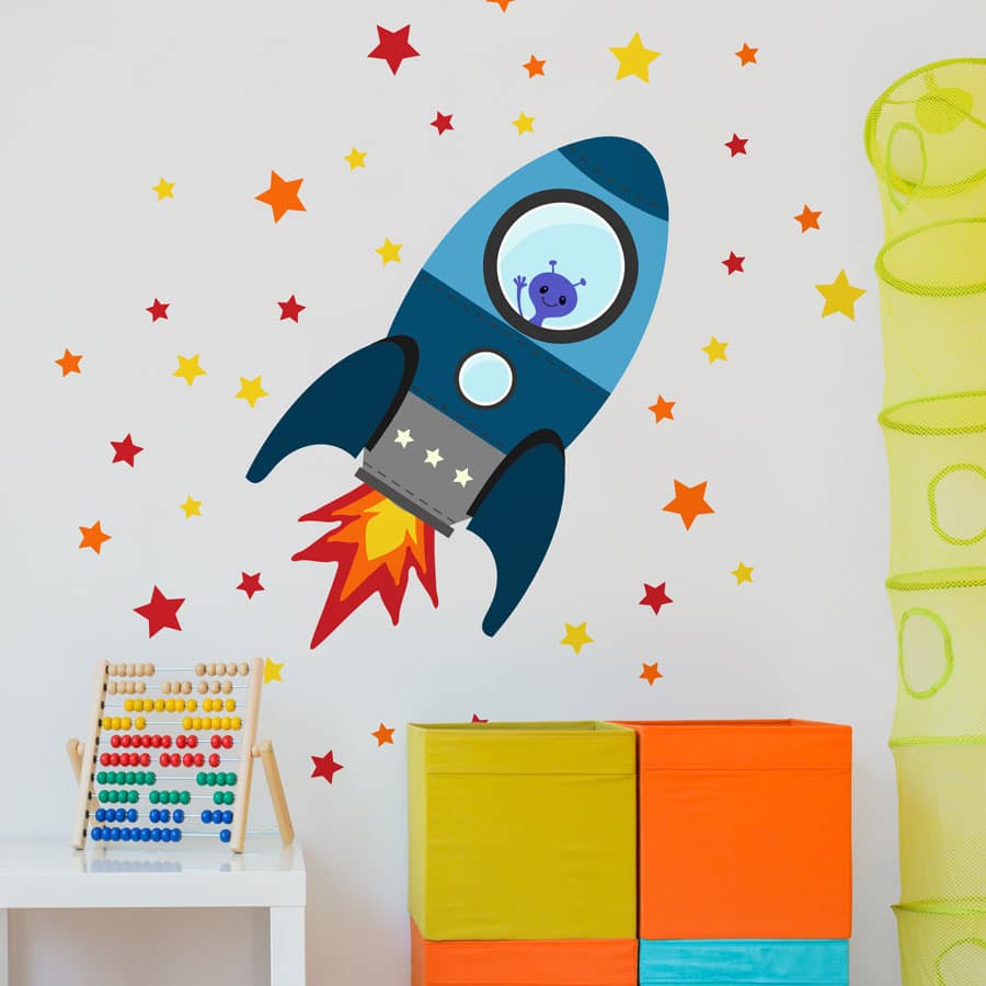 Blue Flying Rocket on a white wall