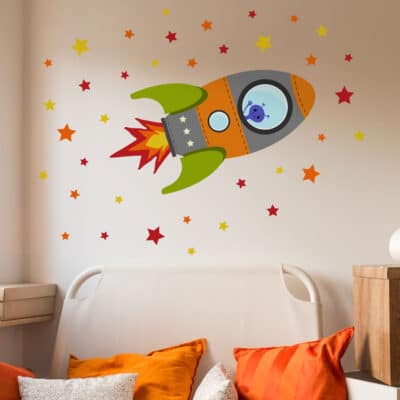 Orange Flying Rocket on a cream wall